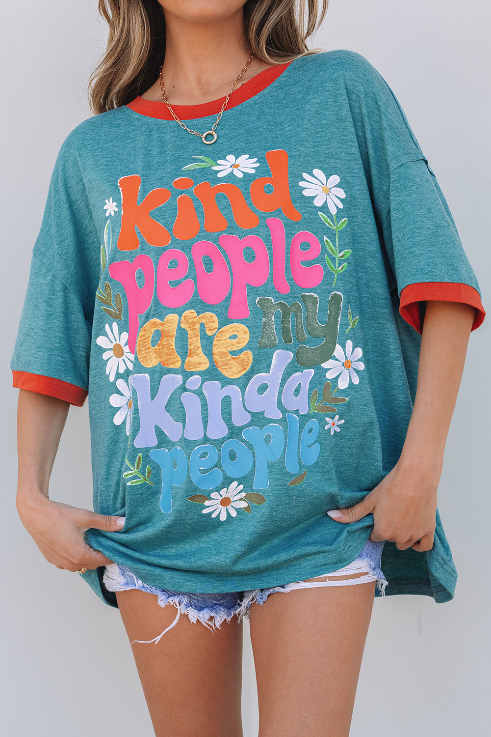 Dusk Blue Kind People are My Kind People Graphic Oversized Tee