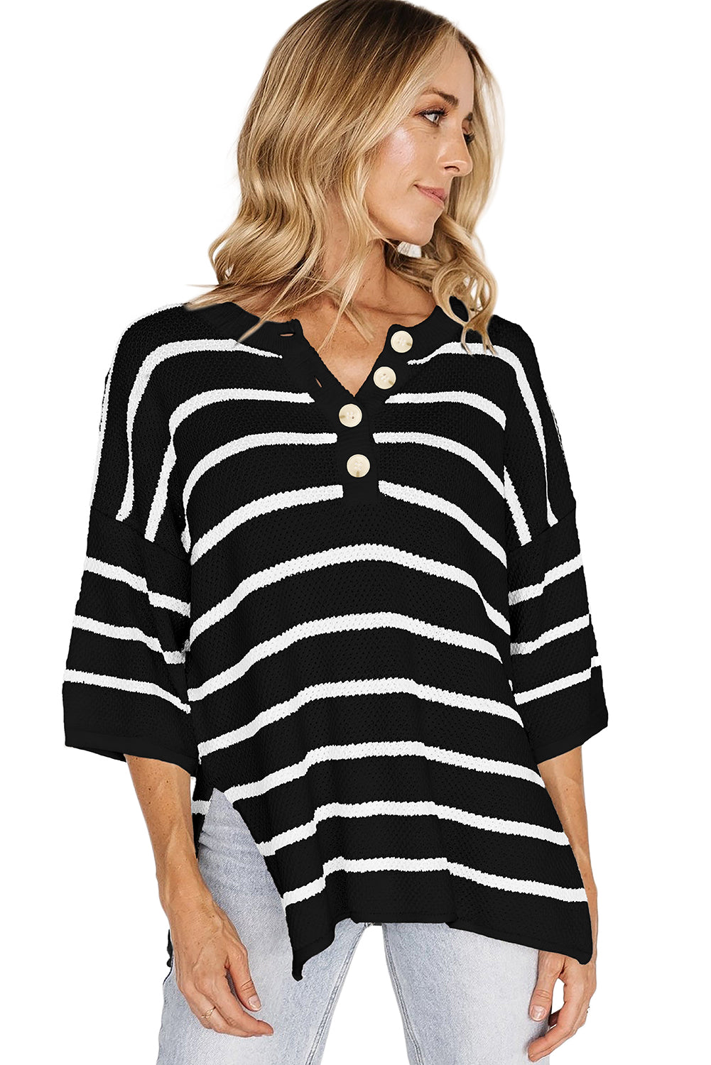 Black Stripe Henley Buttoned Placket Drop Shoulder Bracelet Sleeve Knit Sweater Tee