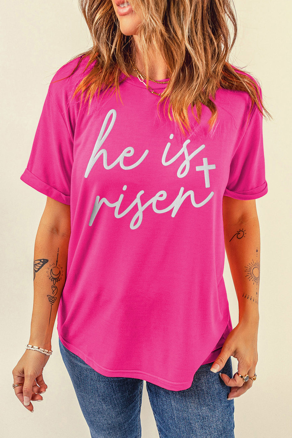 Rose Red Glitter he is risen Cross Printed Crewneck Tee