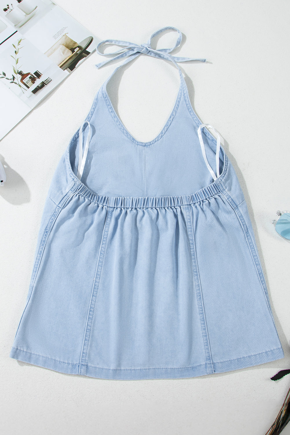 Beau Blue Knotted Open Back Halterneck Denim Tank Top