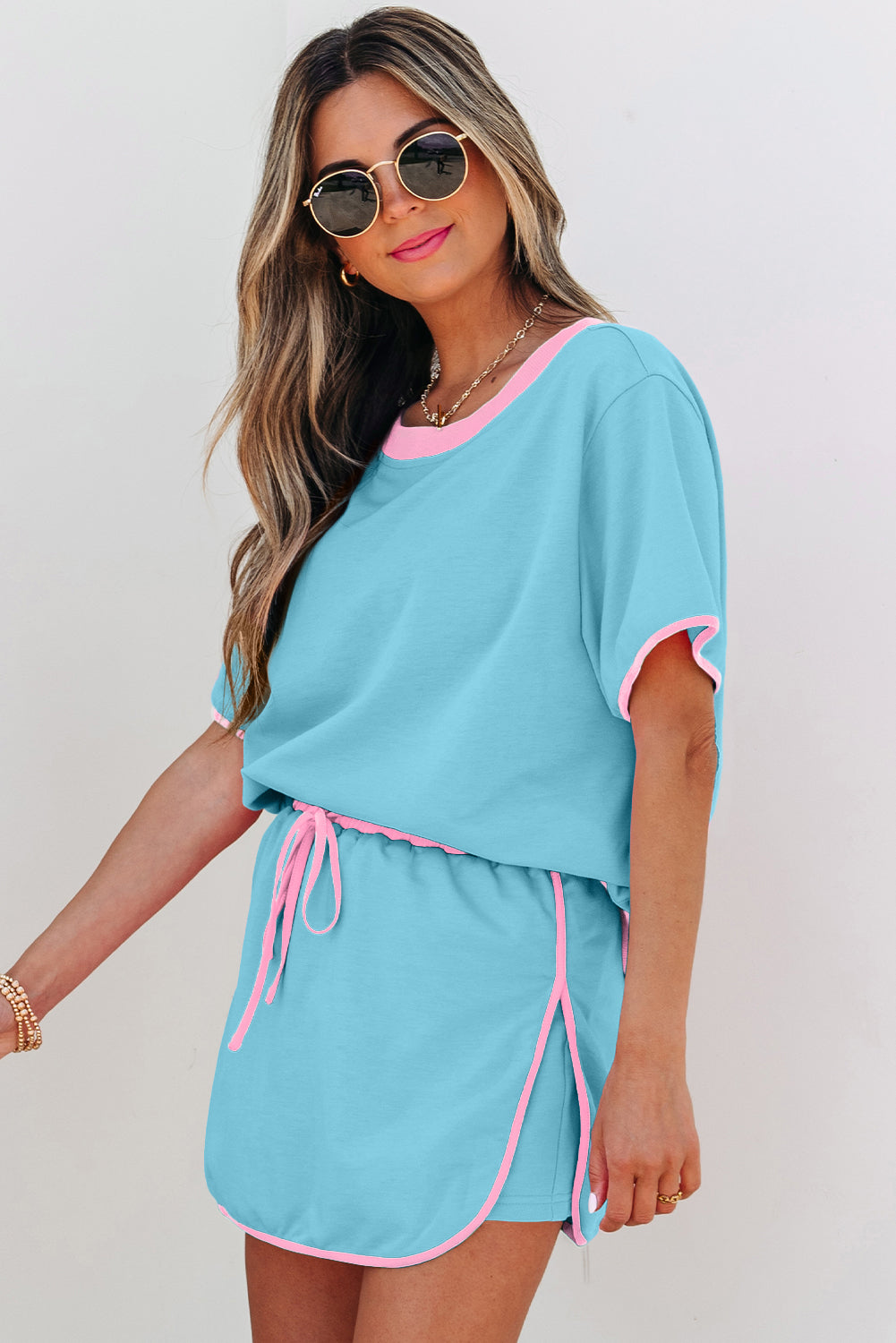 Rose Red Colorblock Edge Drop Shoulder T Shirt and Skort 2Pcs Set