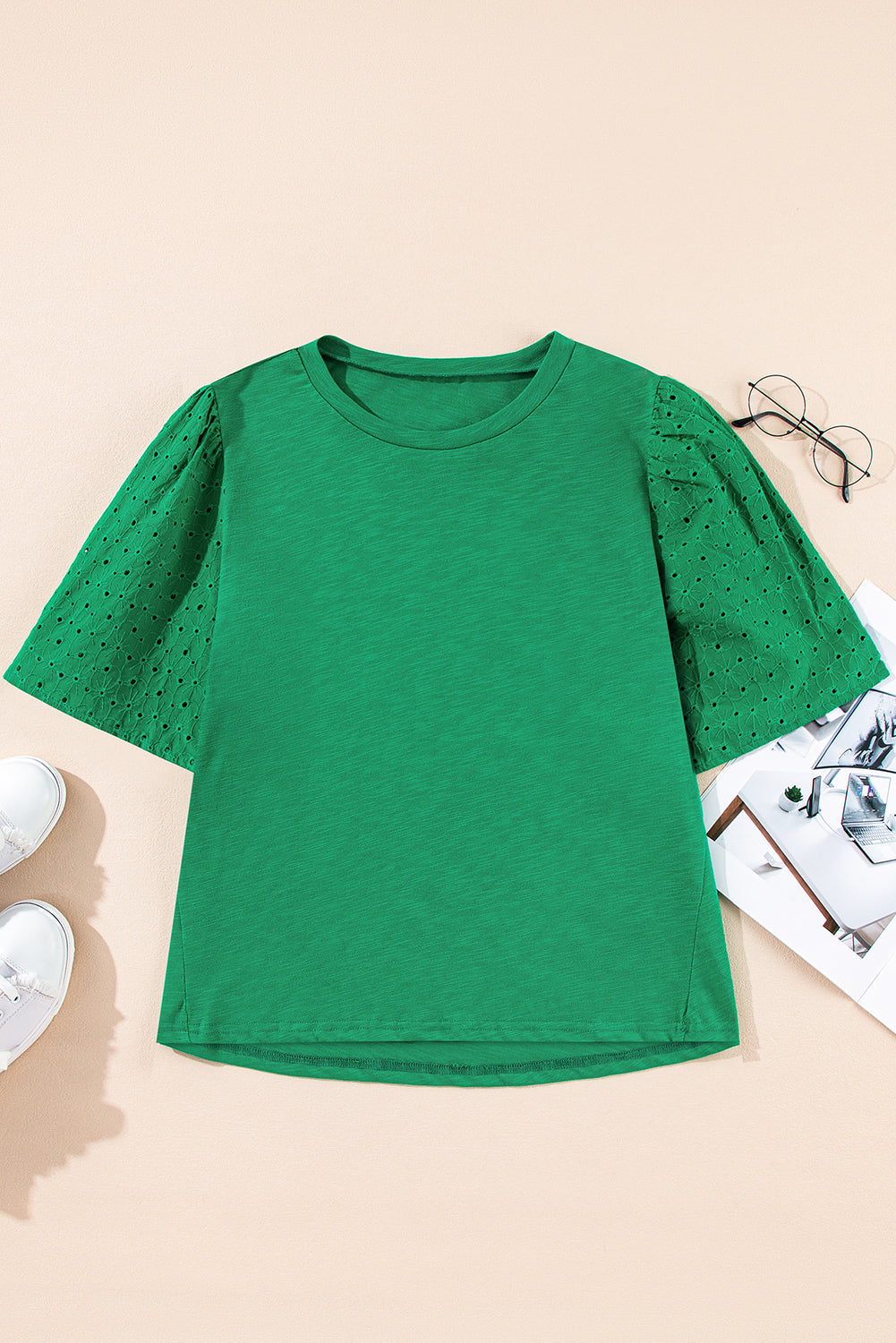 Bright Green Eyelet Embroidered Patchwork Shift Top