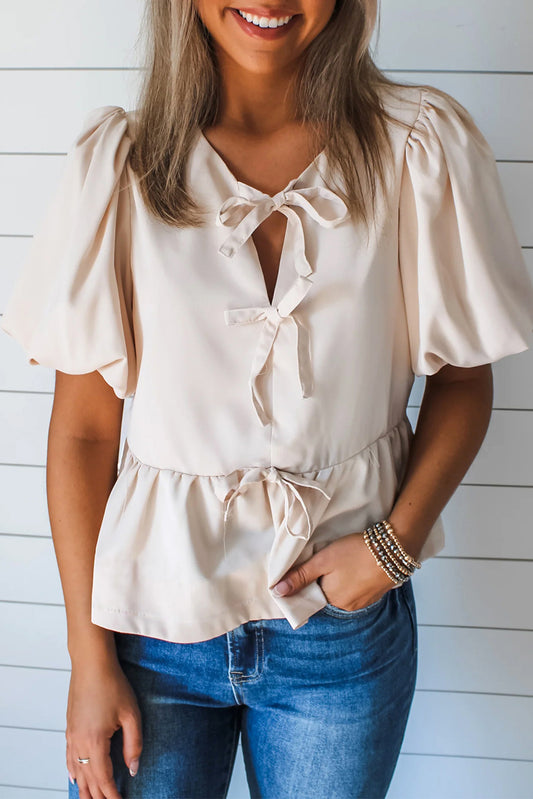 White Bow Tie Short Puff Sleeve Ruffle Hem Blouse