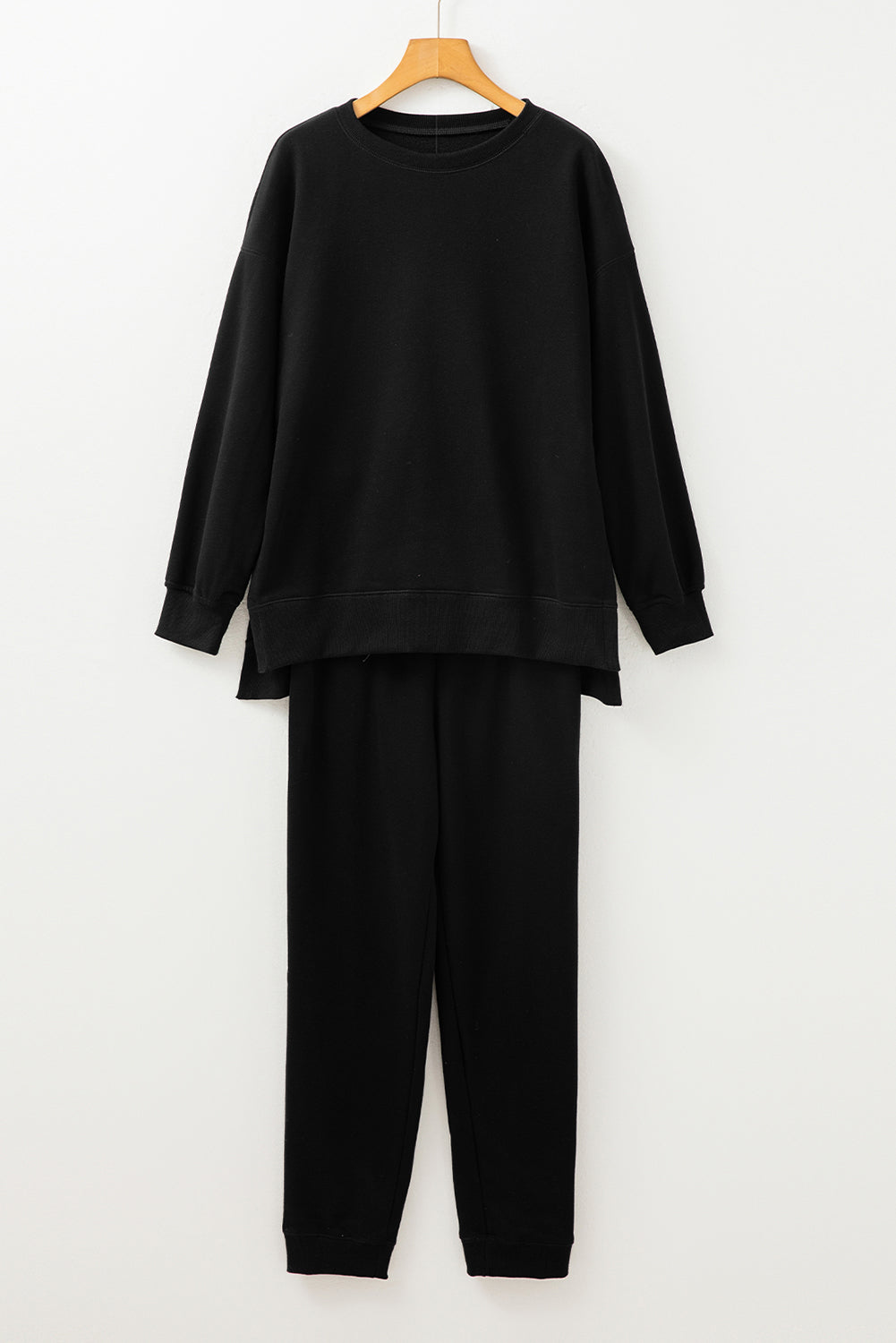 Black Solid Color High Low Pullover and Skinny Pants Set