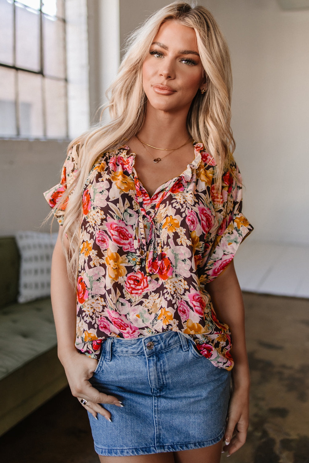 Pink Floral Print Crew Neck Short Sleeve Shift Blouse