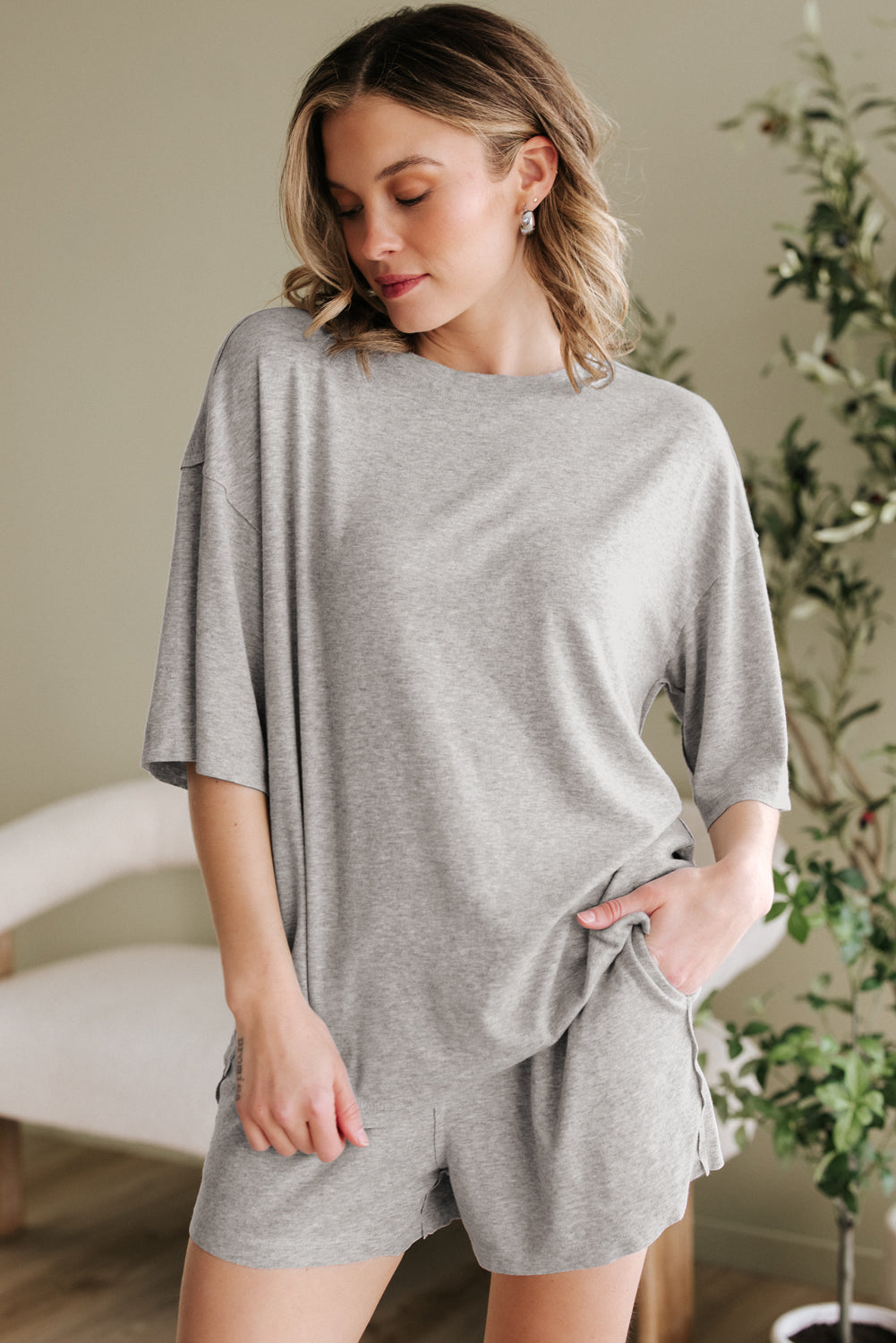 Gray Solid Color Loose Tee 2 Piece Shorts Set