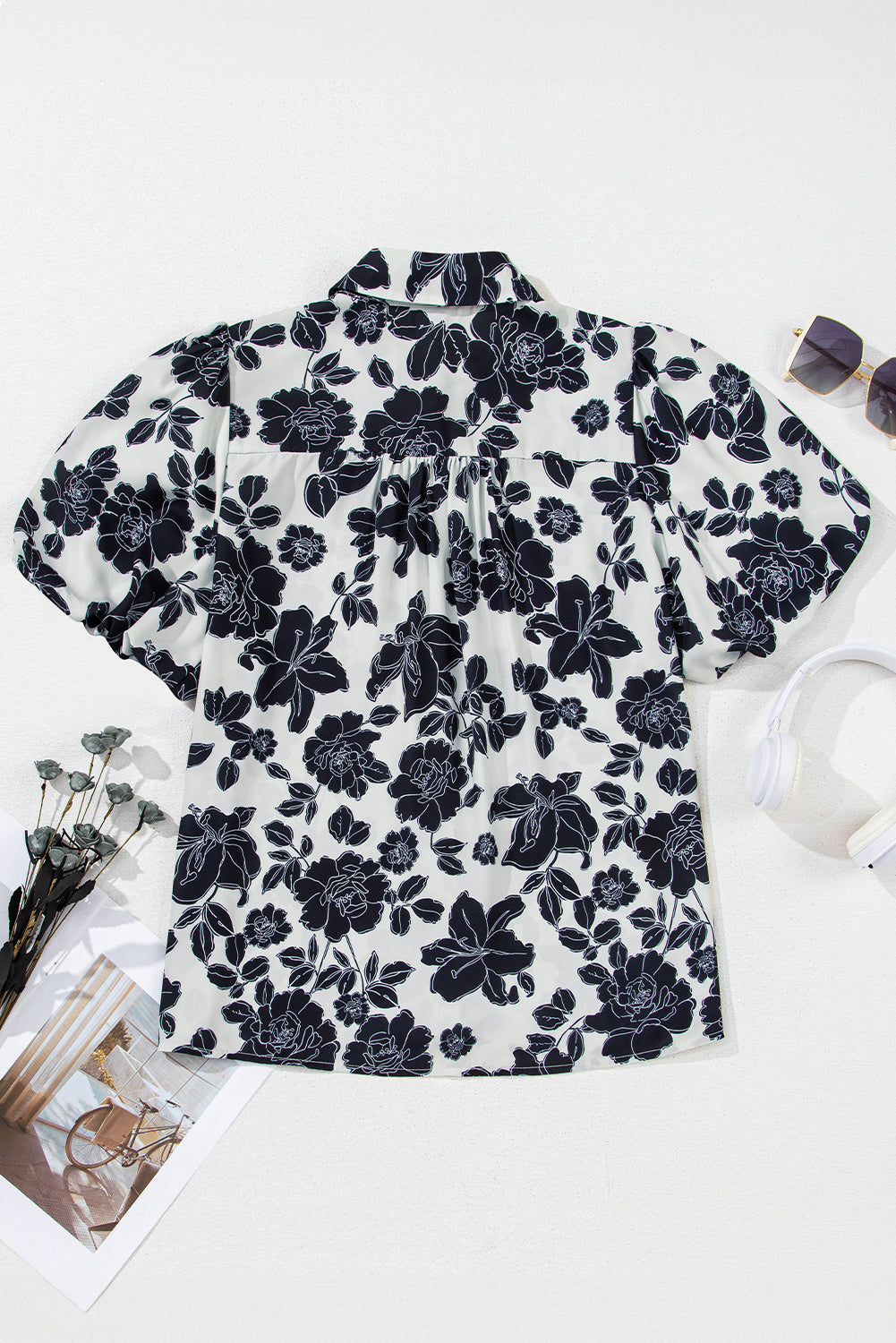 Black Floral Bubble Sleeve Casual Shirt