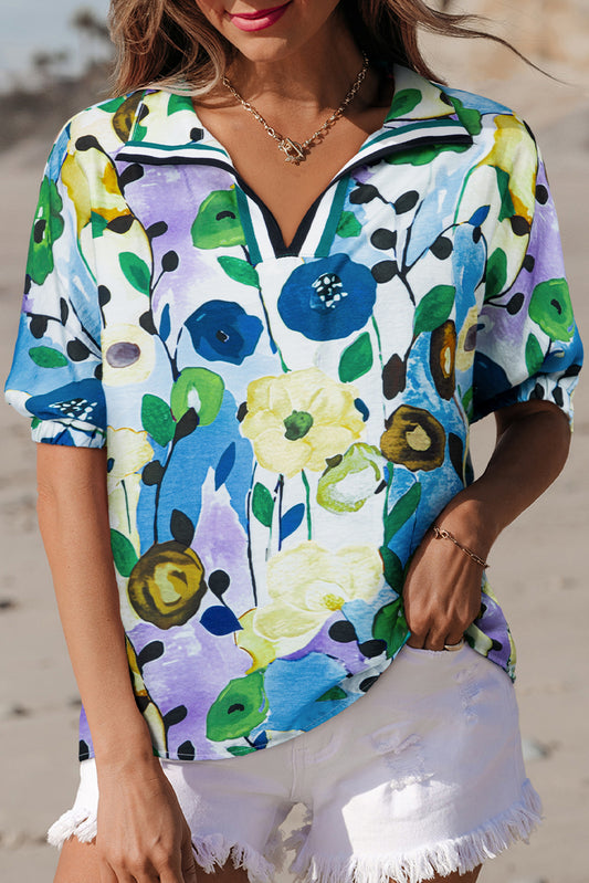 Light Blue Floral Print Slit V Neck Short Sleeve Blouse