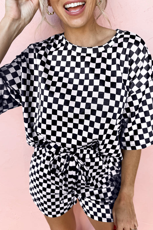 Black Checkered Top and Short Casual 2pcs Set