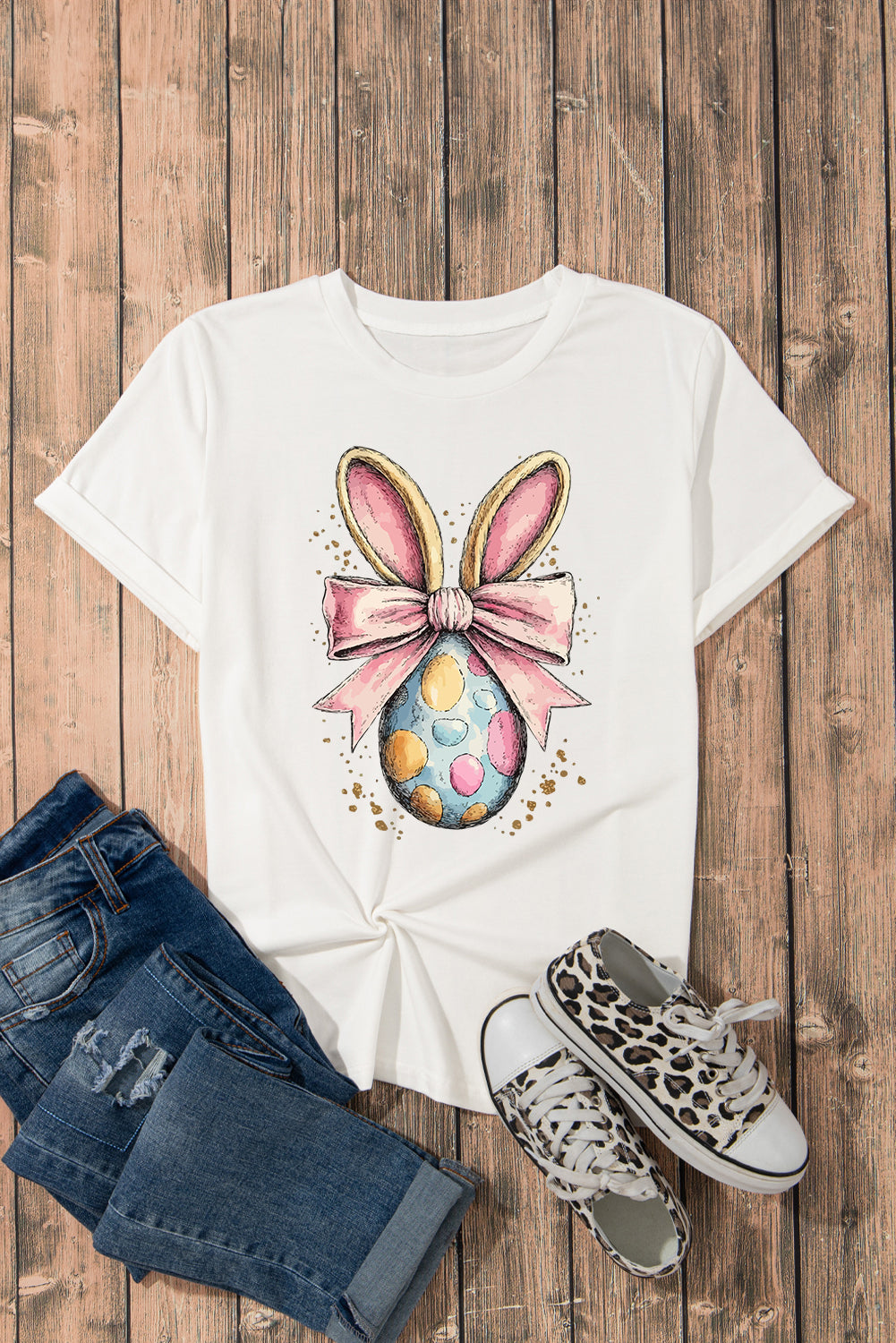 White Easter Egg Bow Bunny Ear Printed T Shirt