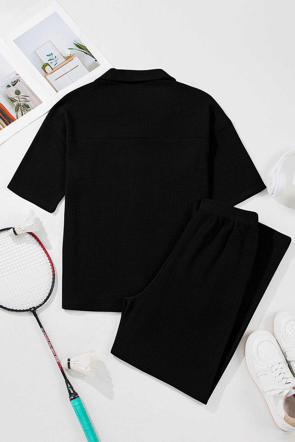 Black Solid Color Textured Buttoned Shirt and Casual Pants Set