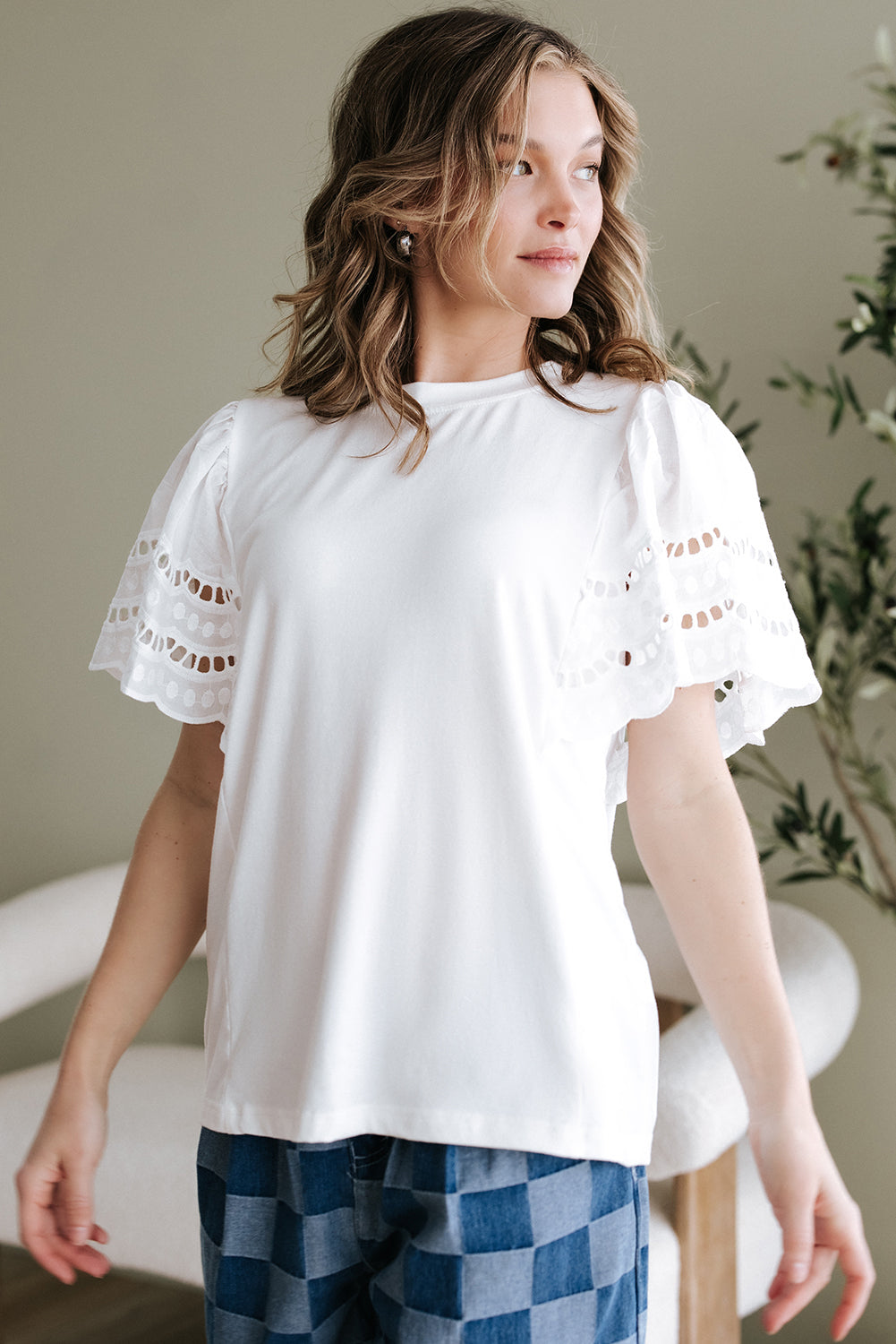 White Hollow Out Embroidered Short Sleeve O Neck Top