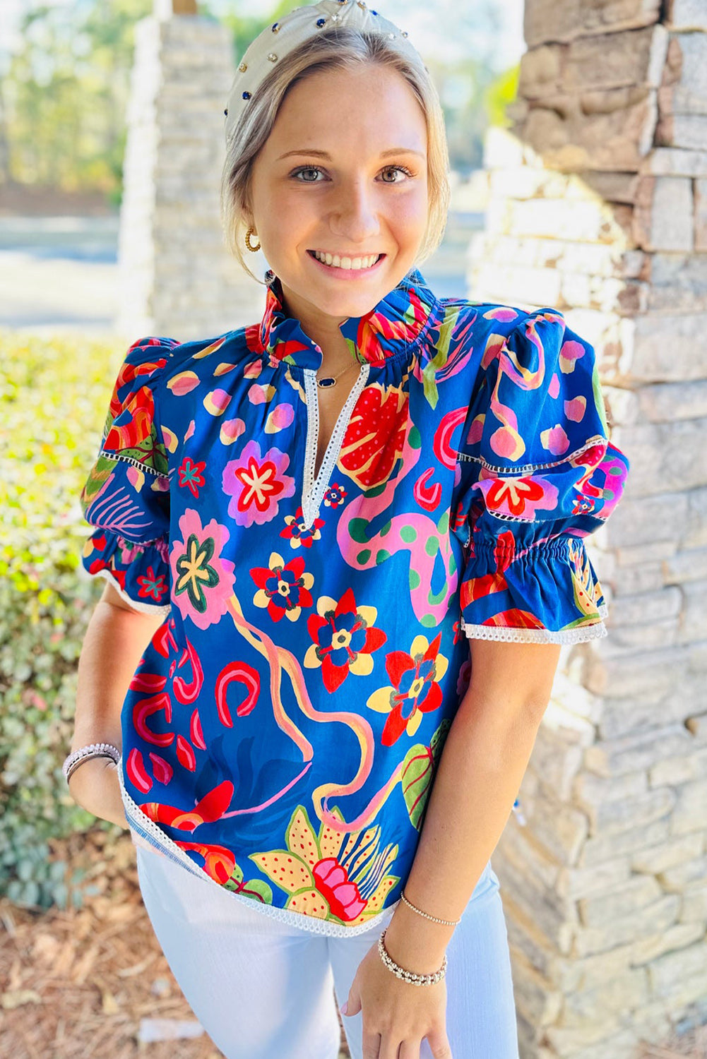 Blue Abstract Print Frilled Collar Ruffled Puff Short Sleeve Top