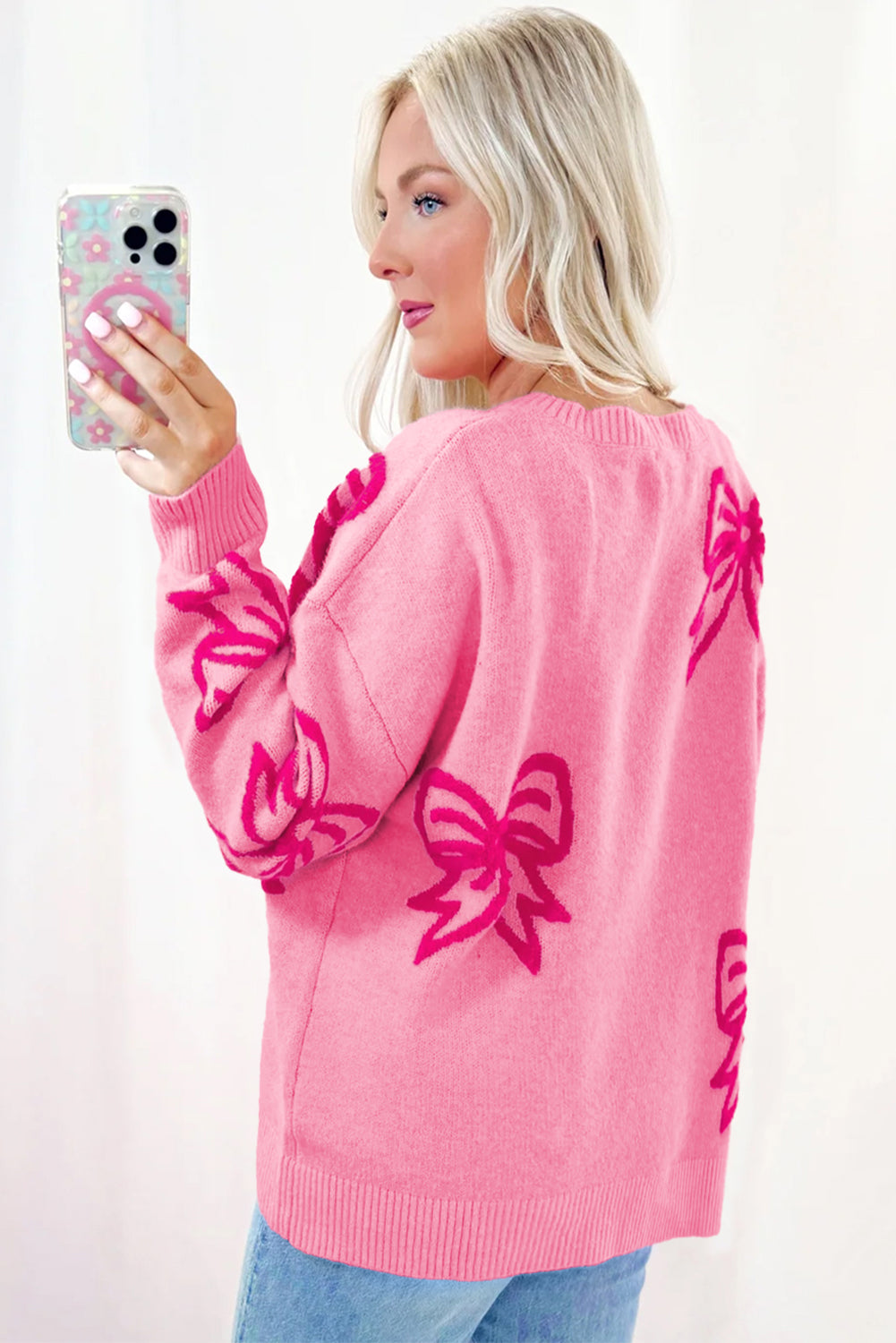 Pink Bow Pattern Drop Shoulder Loose Sweater