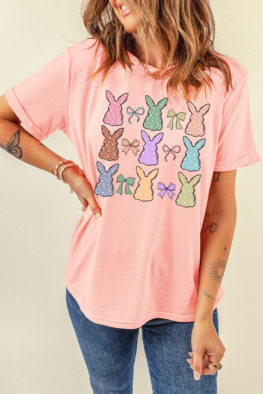 Pink Dotty Bunny Bow Printed Easter Day Fashion T Shirt