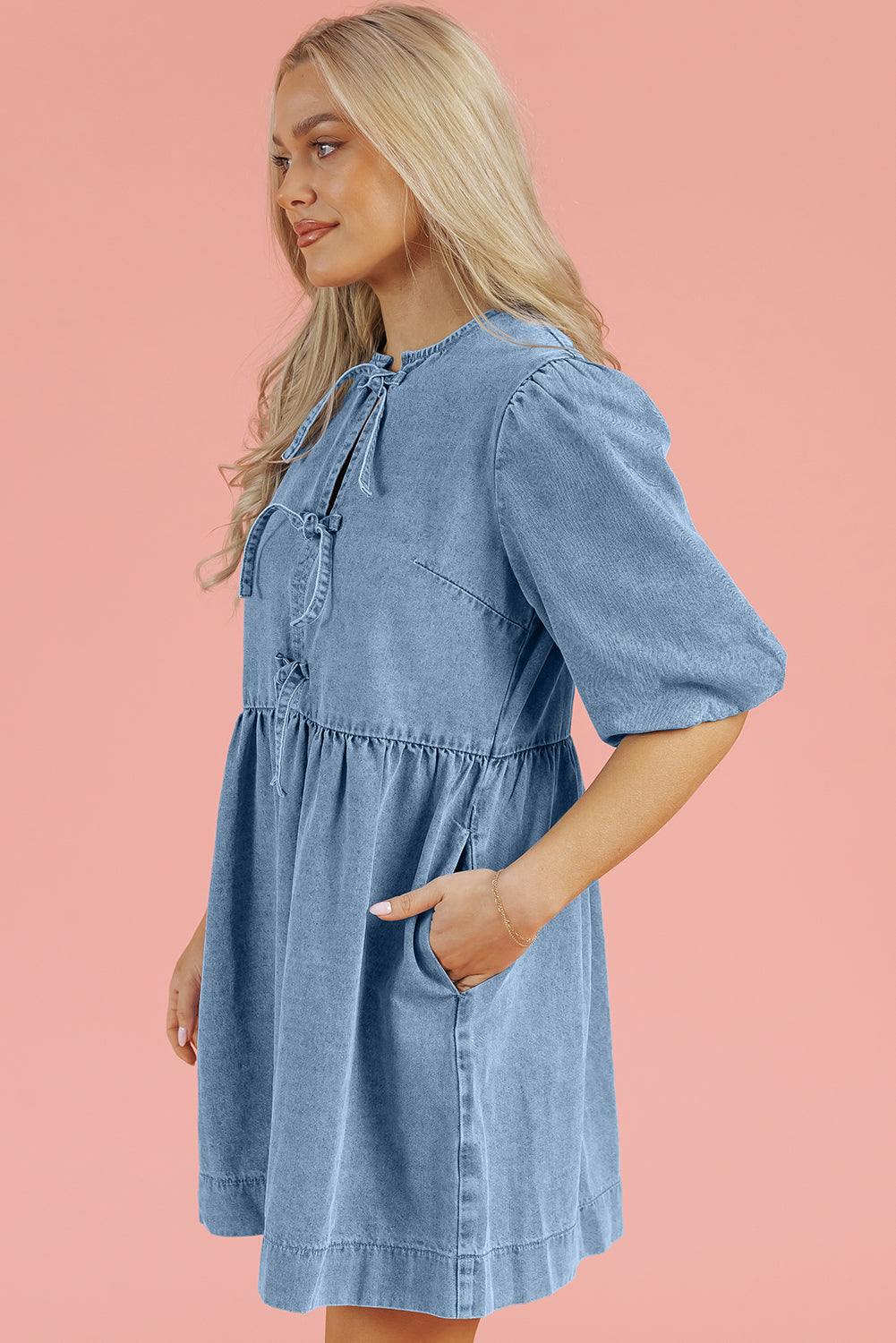 Dusk Blue Bowknot Bubble Sleeve Short Denim Dress