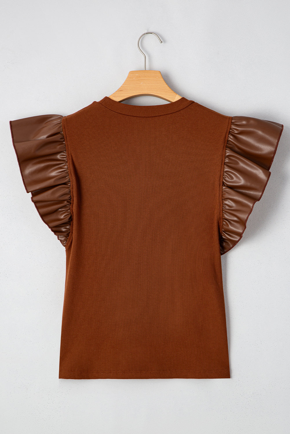 Cinnamon Leather Ruffle Sleeve Patchwork Round Neck Blouse