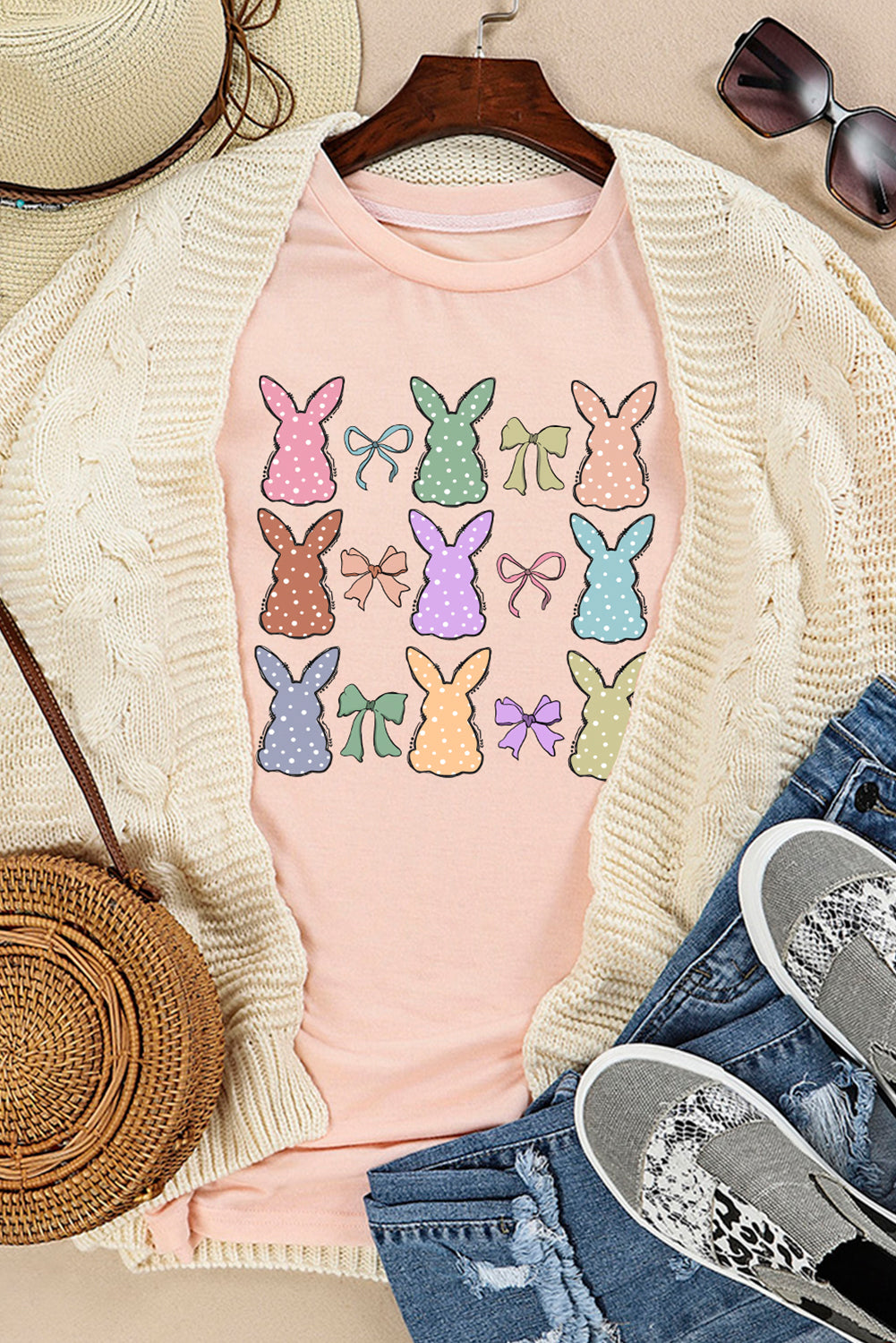 Pink Dotty Bunny Bow Printed Easter Day Fashion T Shirt