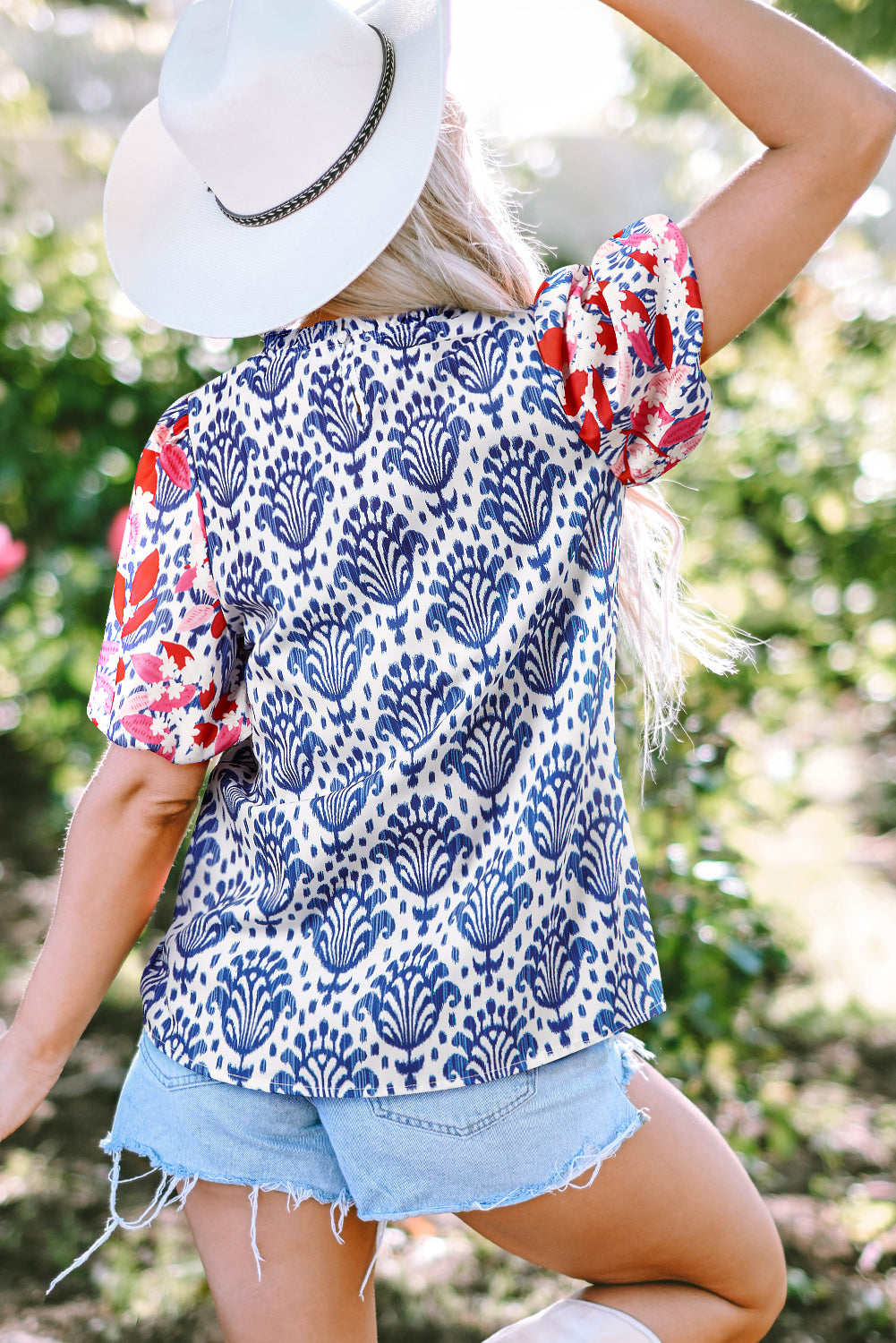 Blue Western Fashion Print Floral Puff Sleeve Frilled Neck Blouse