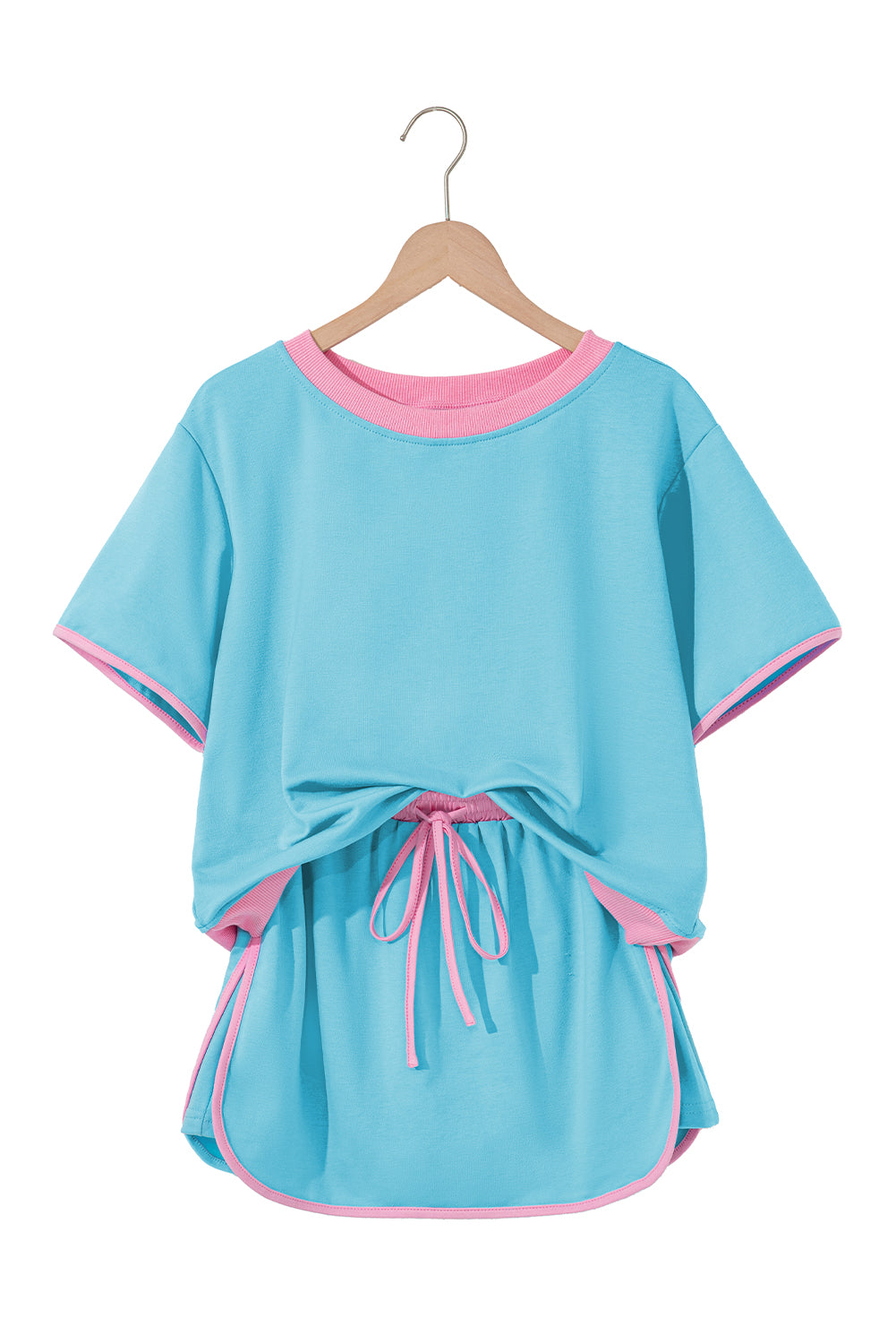 Rose Red Colorblock Edge Drop Shoulder T Shirt and Skort 2Pcs Set