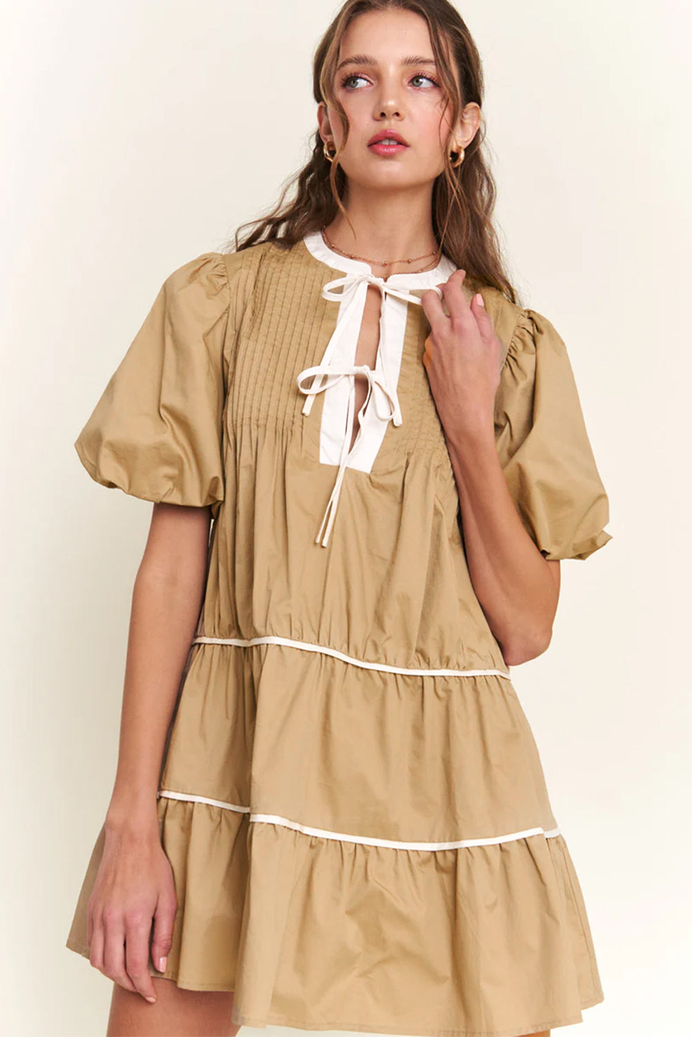 Pale Khaki Contrast Trim Pintuck Puff Sleeve Tied Neck Short Dress