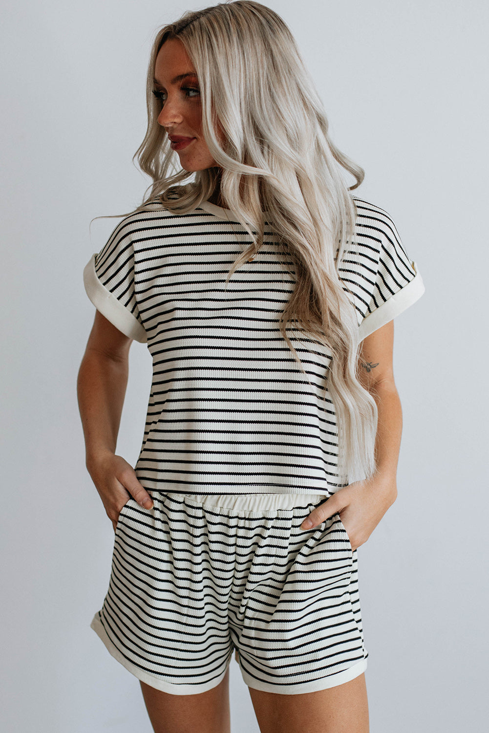 White Stripe Contrast Edge Tee and Shorts Set