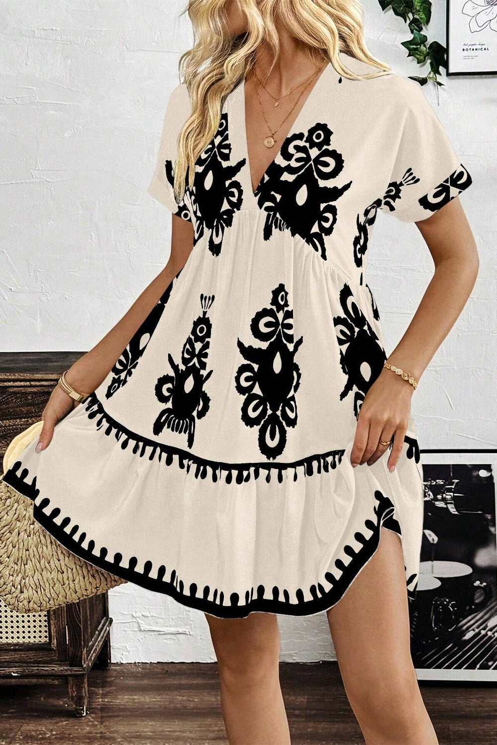 Black Vintage Print V Neck High Waist Short Sleeve Dress