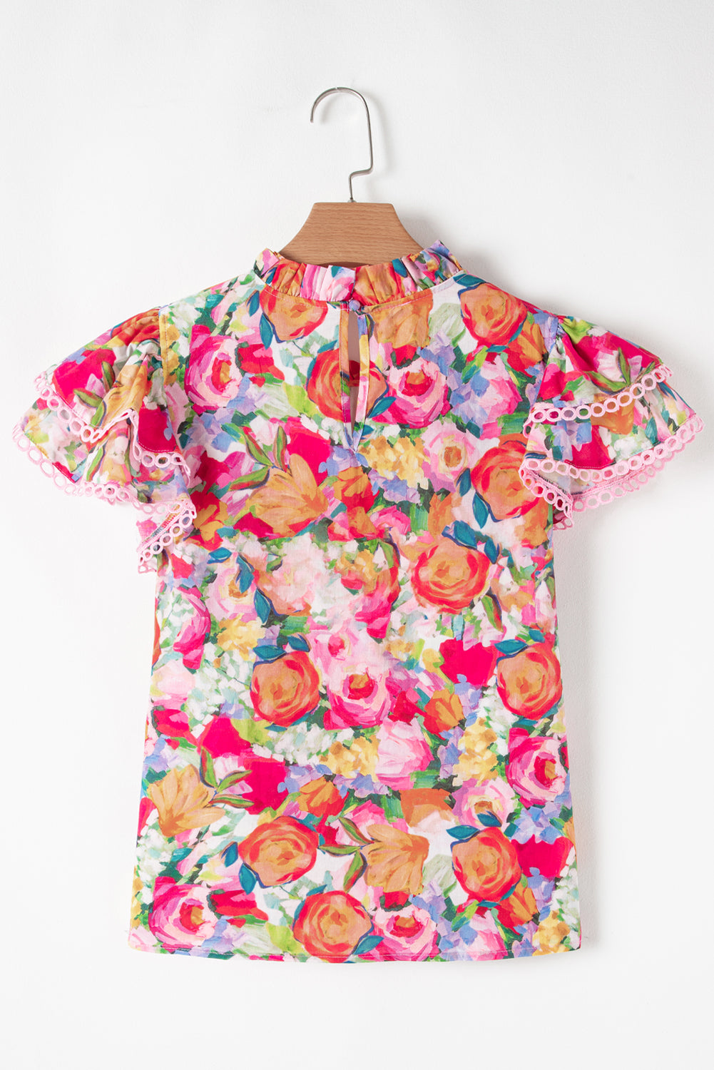 Multicolour Lace Trim Ruffle Short Sleeve Floral Blouse