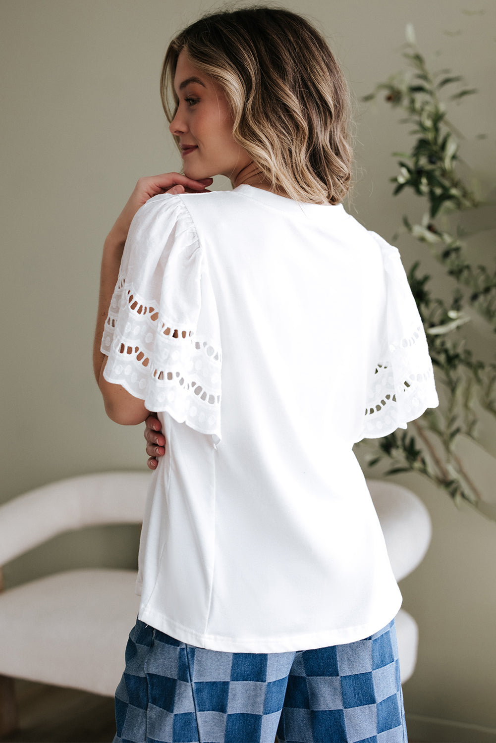 White Hollow Out Embroidered Short Sleeve O Neck Top