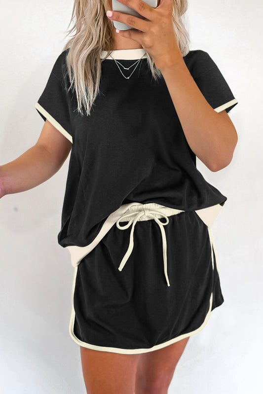 Rose Red Colorblock Edge Drop Shoulder T Shirt and Skort 2Pcs Set