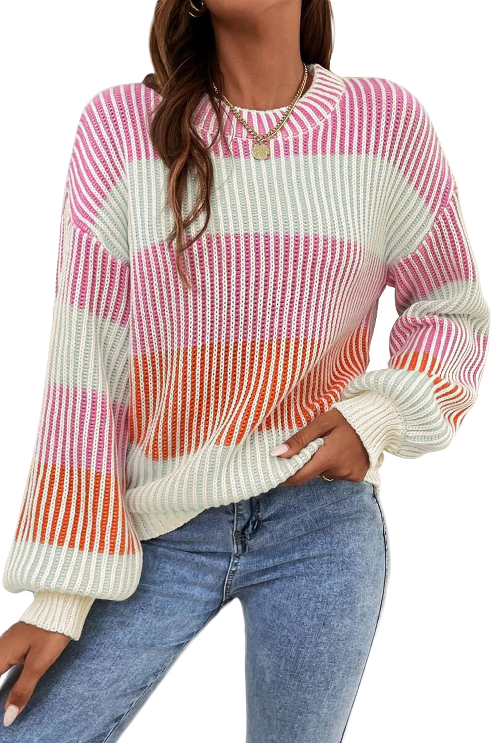 Pink Colorblock Textured Knit Bubble Sleeve Sweater