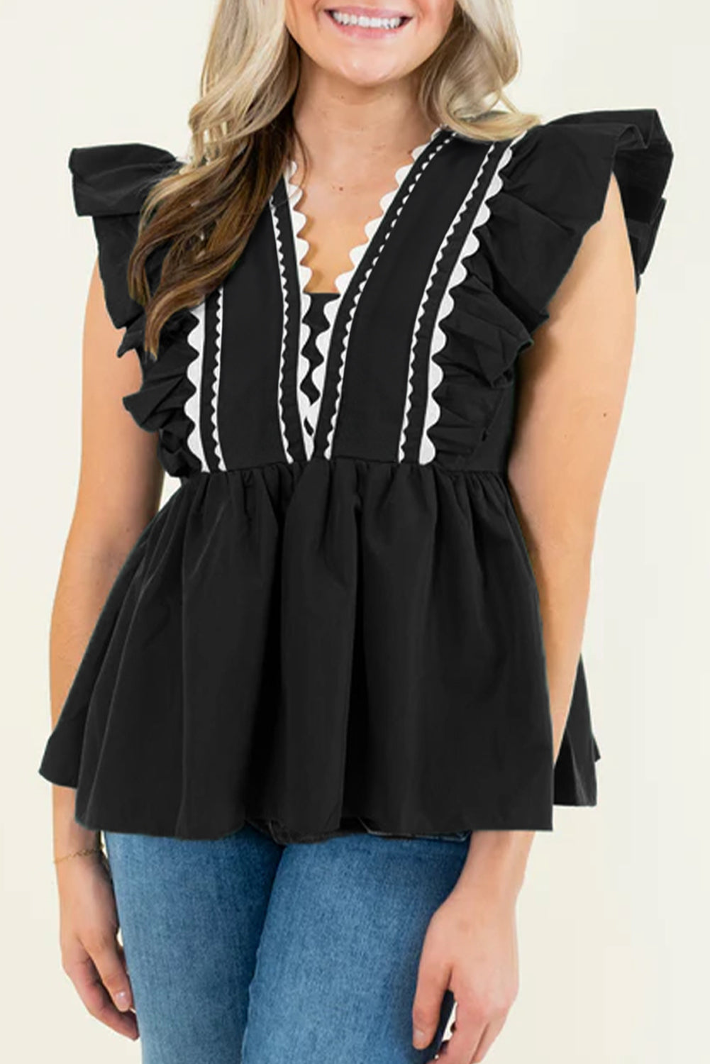 Black Contrast Ricrac Trim Ruffled V Neck Peplum Top