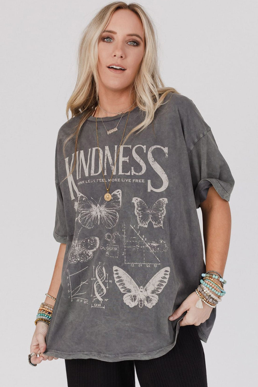 Dark Grey Kindness Butterflies Graphic Mineral Wash Loose Tee