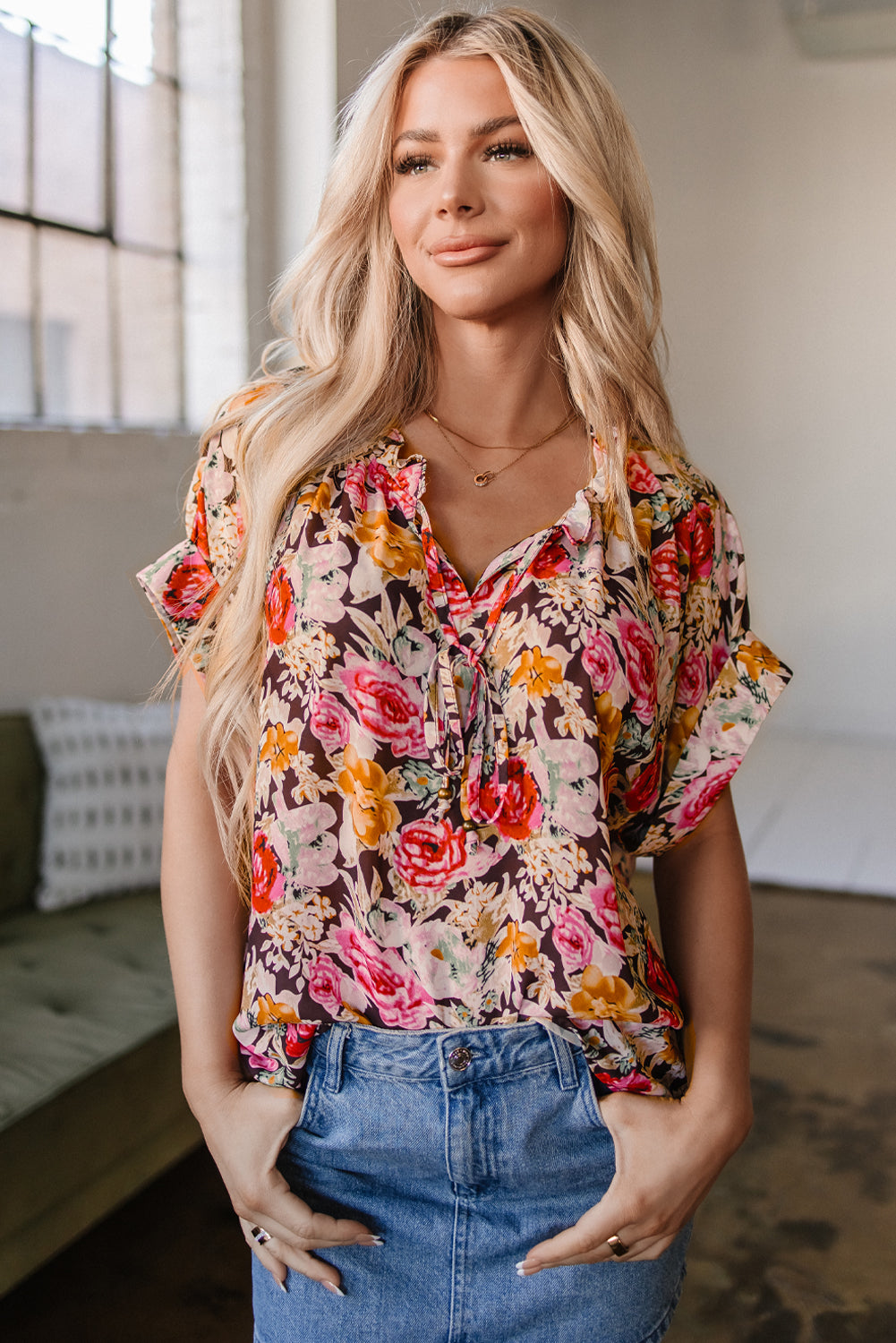 Pink Floral Print Crew Neck Short Sleeve Shift Blouse