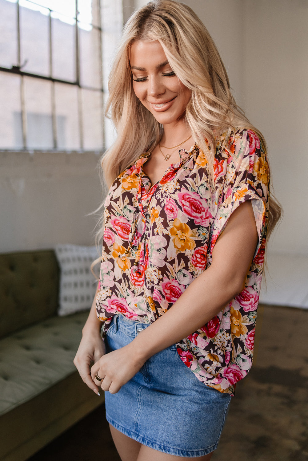 Pink Floral Print Crew Neck Short Sleeve Shift Blouse