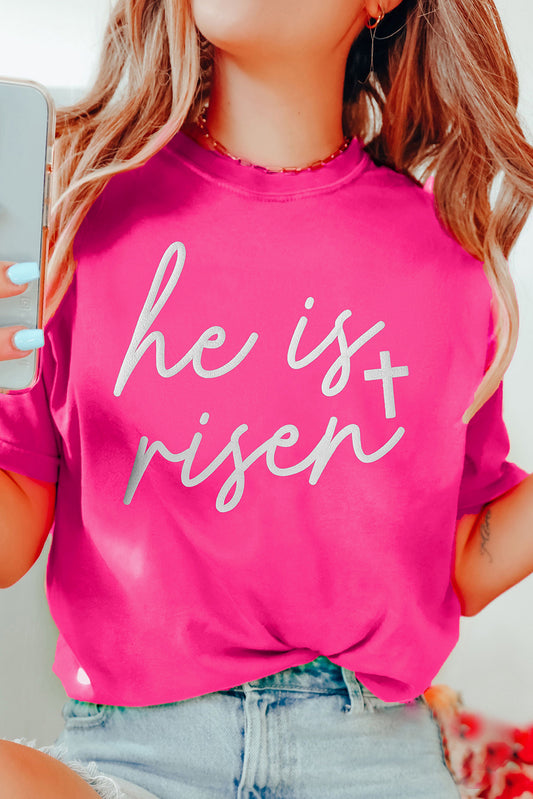 Rose Red Glitter he is risen Cross Printed Crewneck Tee