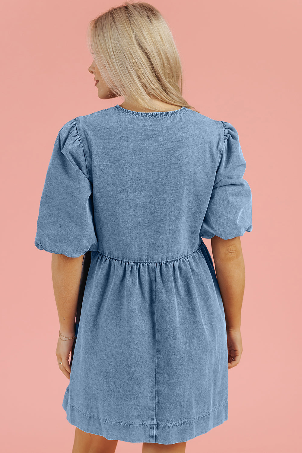 Dusk Blue Bowknot Bubble Sleeve Short Denim Dress