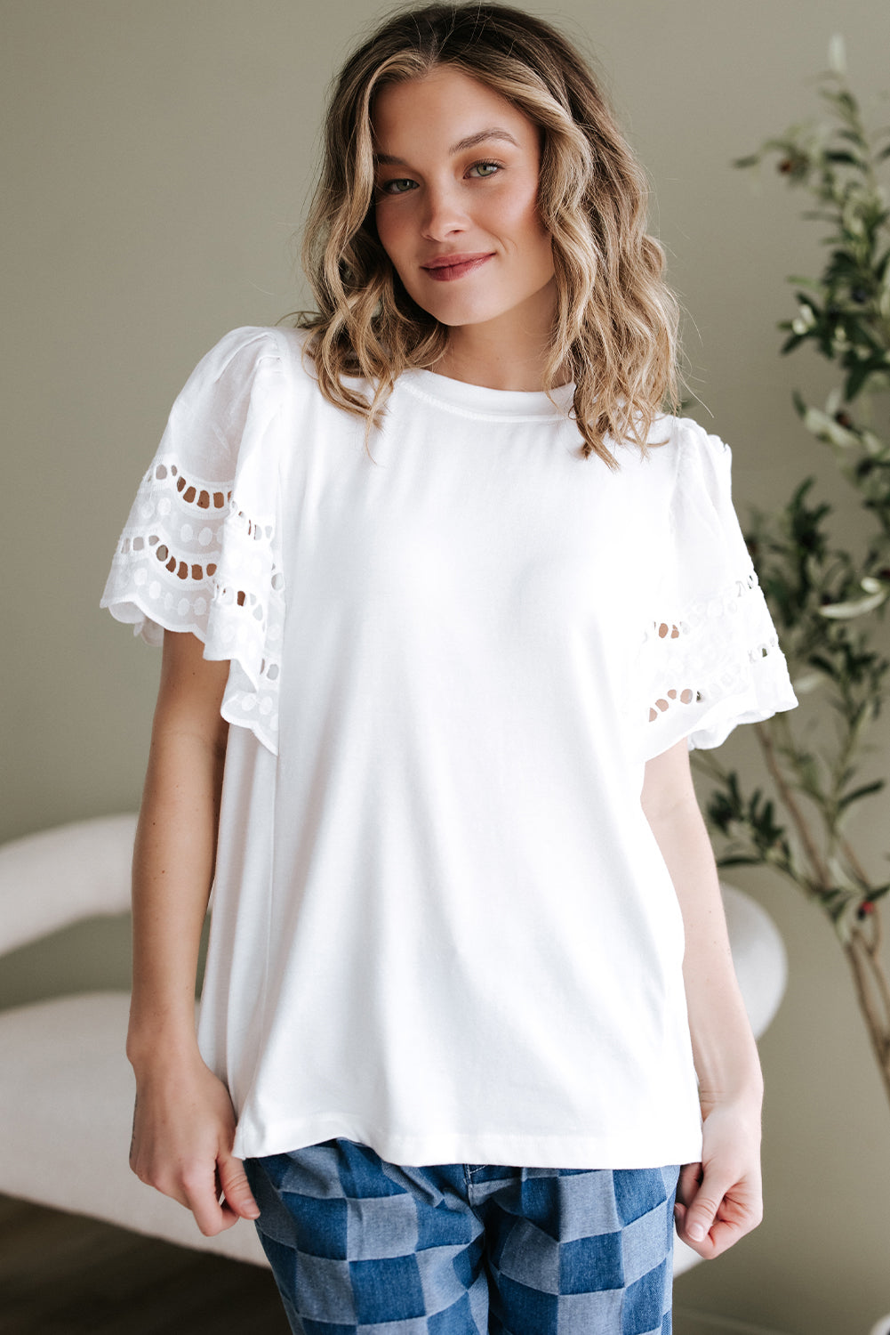 White Hollow Out Embroidered Short Sleeve O Neck Top