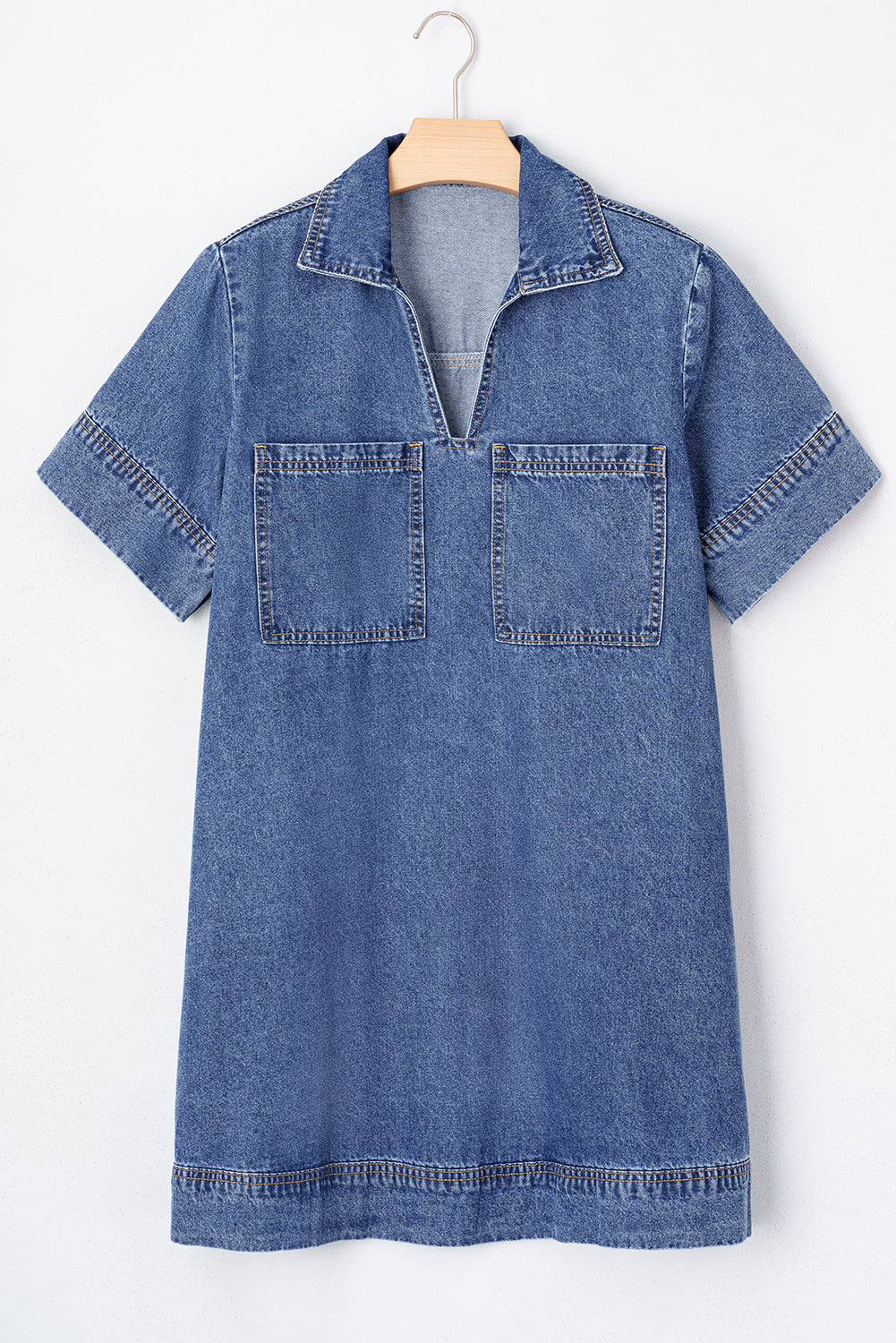 Blue Short Sleeve Collared Patched Pocket Denim Mini Dress