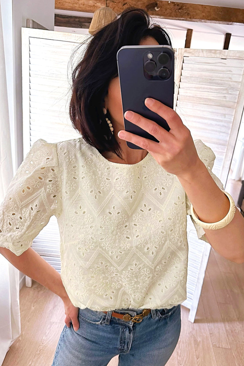 Beige Eyelet Embroidered Half Sleeve Casual Blouse