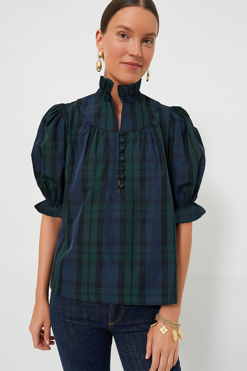 Green Stripe Plaid Puff Sleeve Frilled Trim Elegant Blouse