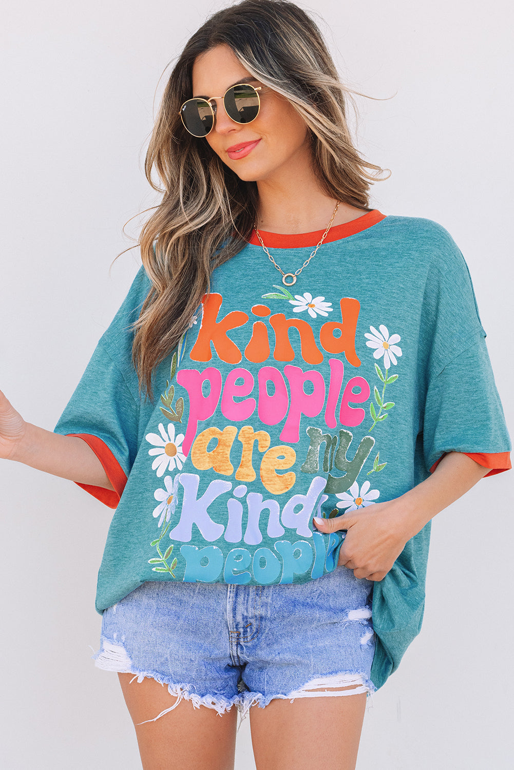 Dusk Blue Kind People are My Kind People Graphic Oversized Tee