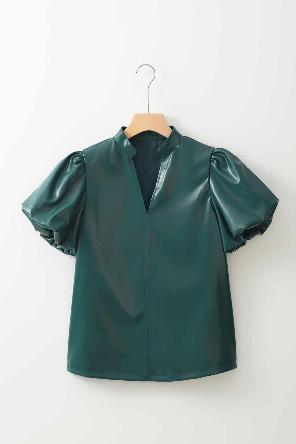 Sea Green Notched V Neck Short Puff Sleeve PU Leather Blouse