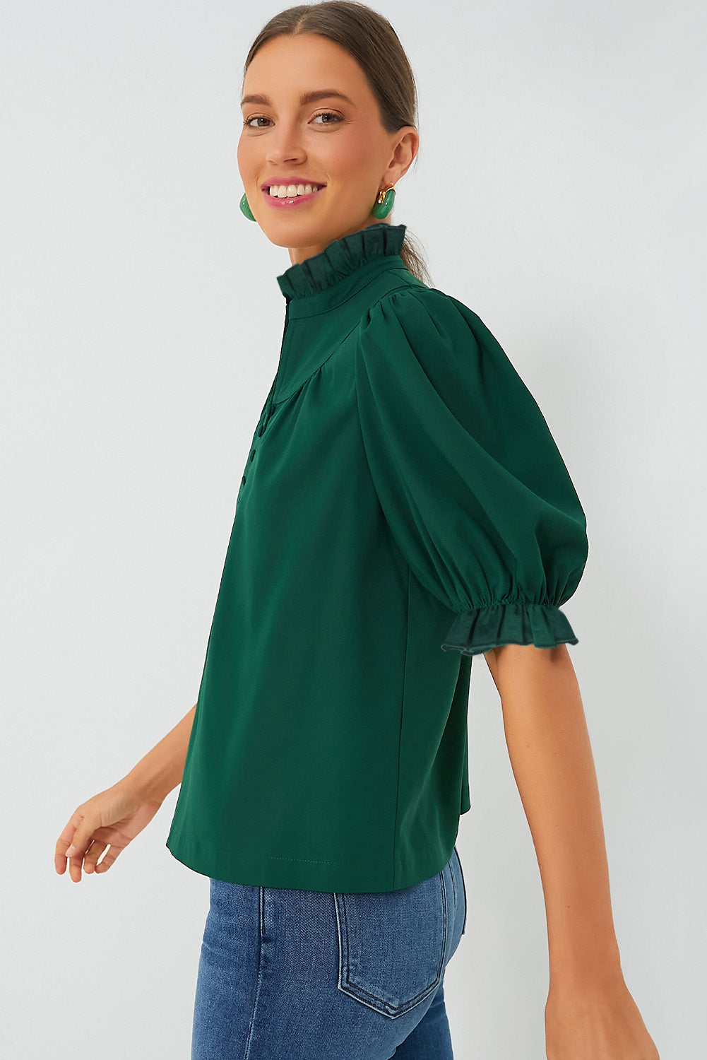 Blackish Green Solid Puff Sleeve Frilled Trim Elegant Blouse