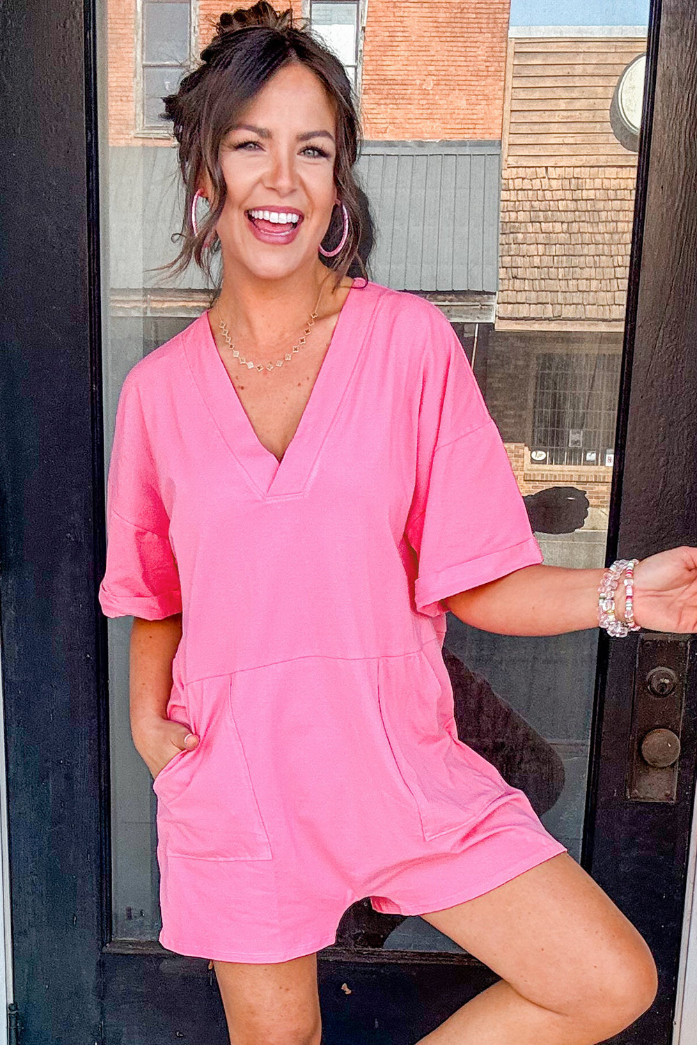 Bonbon Loose Half Sleeve V Neck Knit Romper