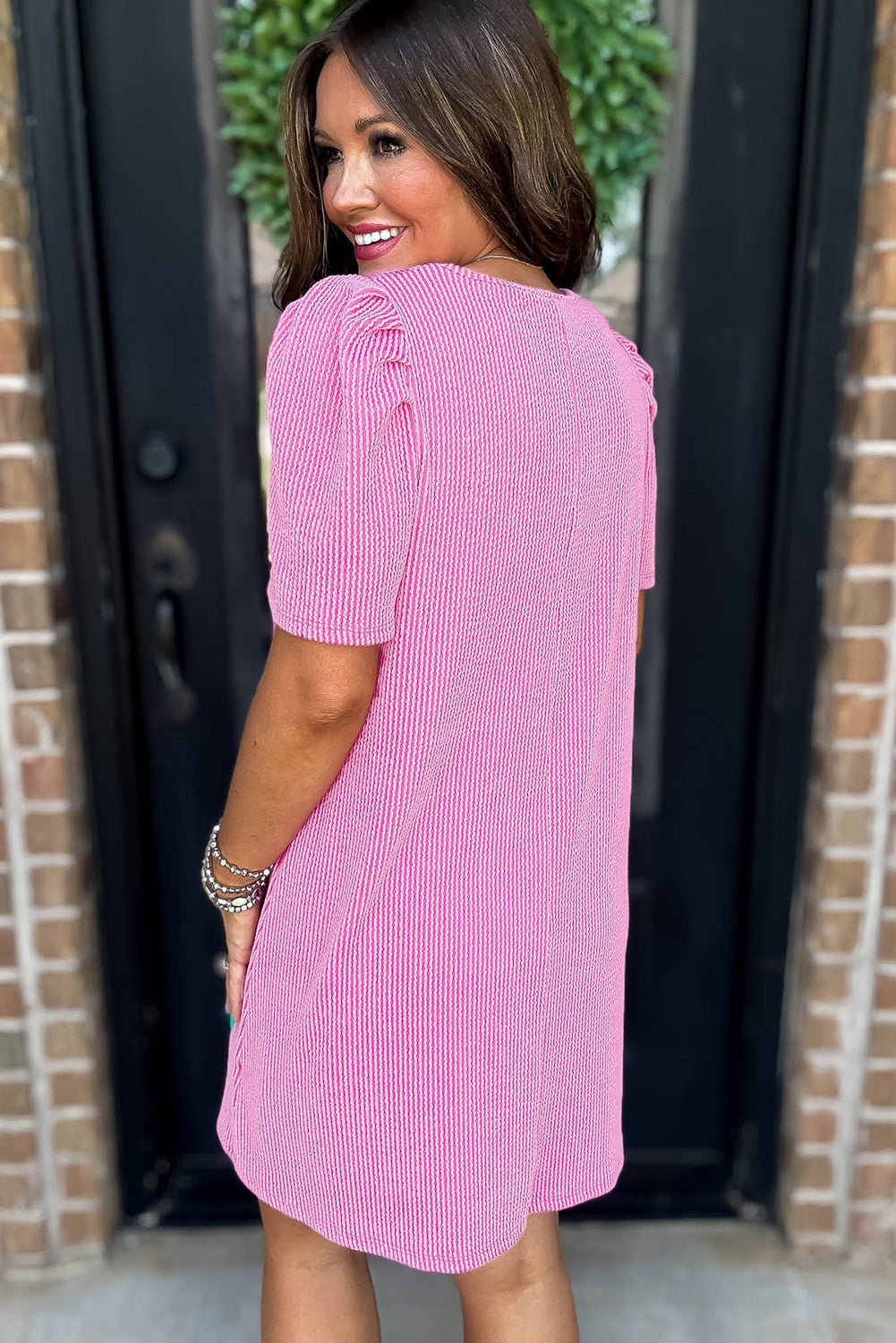 Bright Pink Corded Knit Crew Neck Puff Sleeve Shift Mini Dress