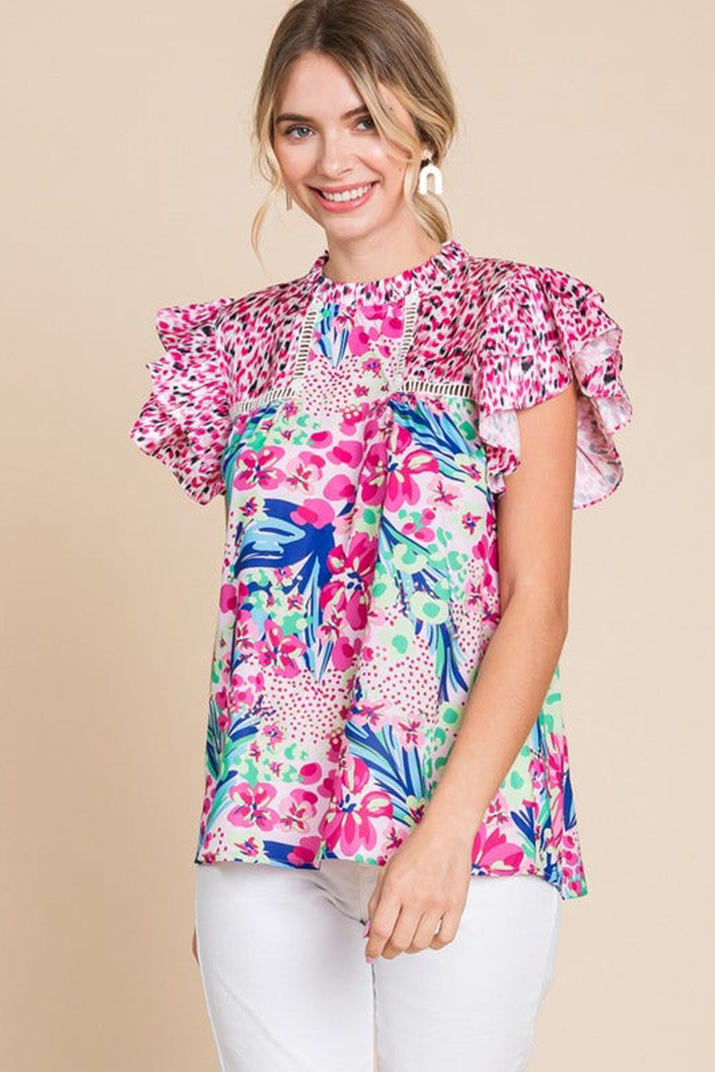 Pink Floral Mixed Print Ruffle Cap Sleeve Blouse