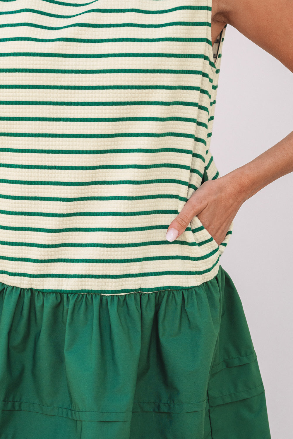 Green Stripe Woven Ruffled Sleeveless Mini Dress