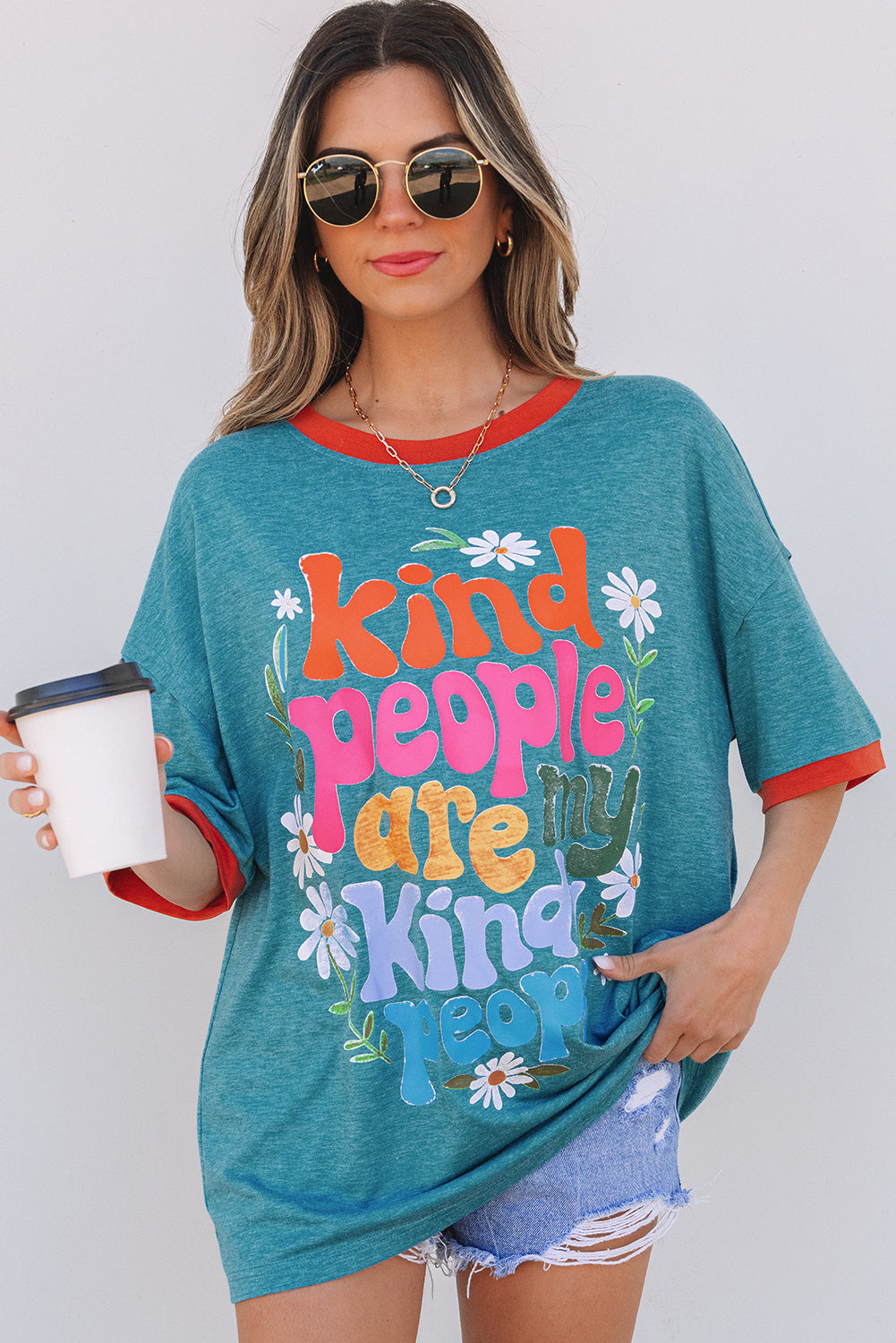 Dusk Blue Kind People are My Kind People Graphic Oversized Tee