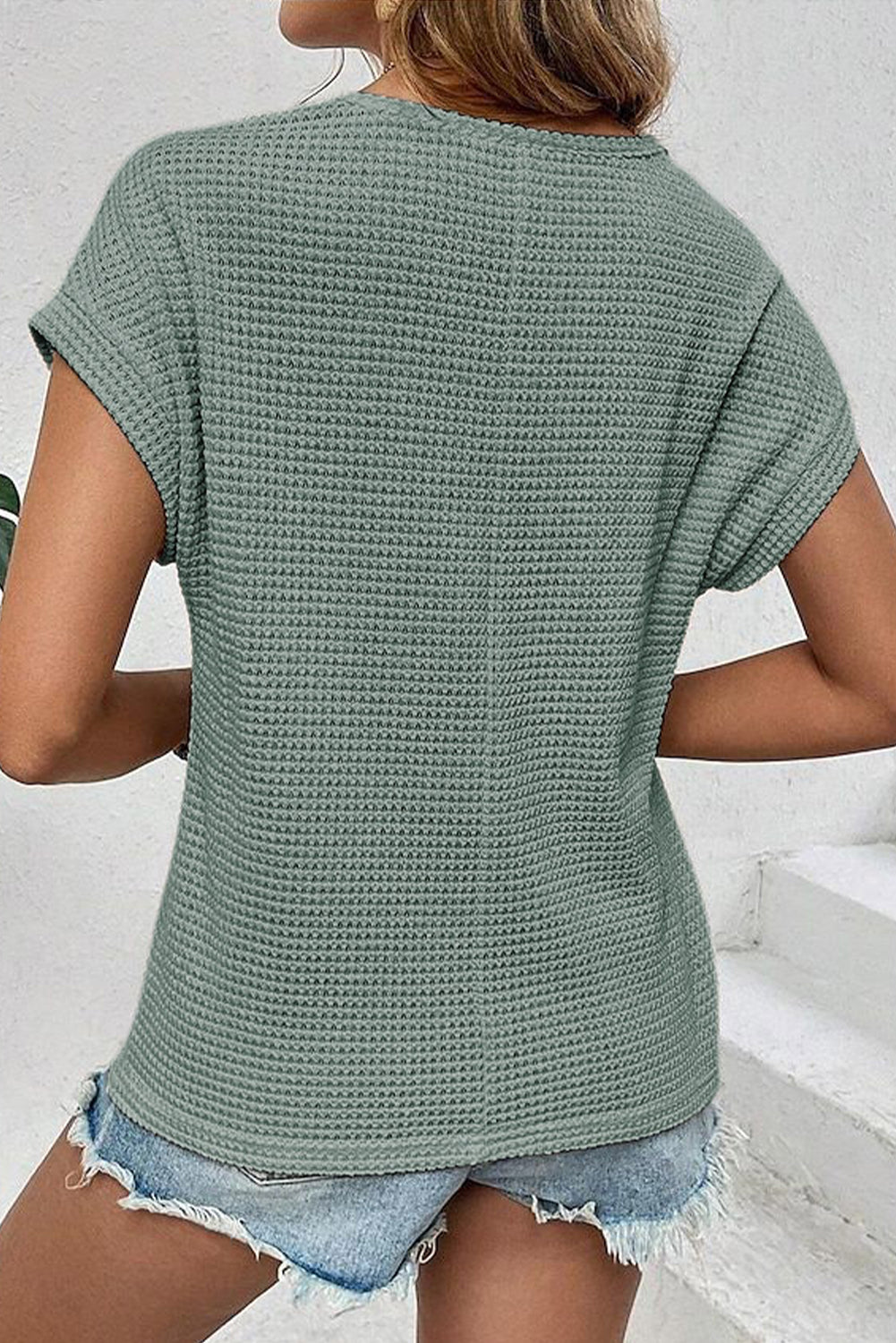 Mist Green Lace Patchwork Waffle Short Sleeve Top